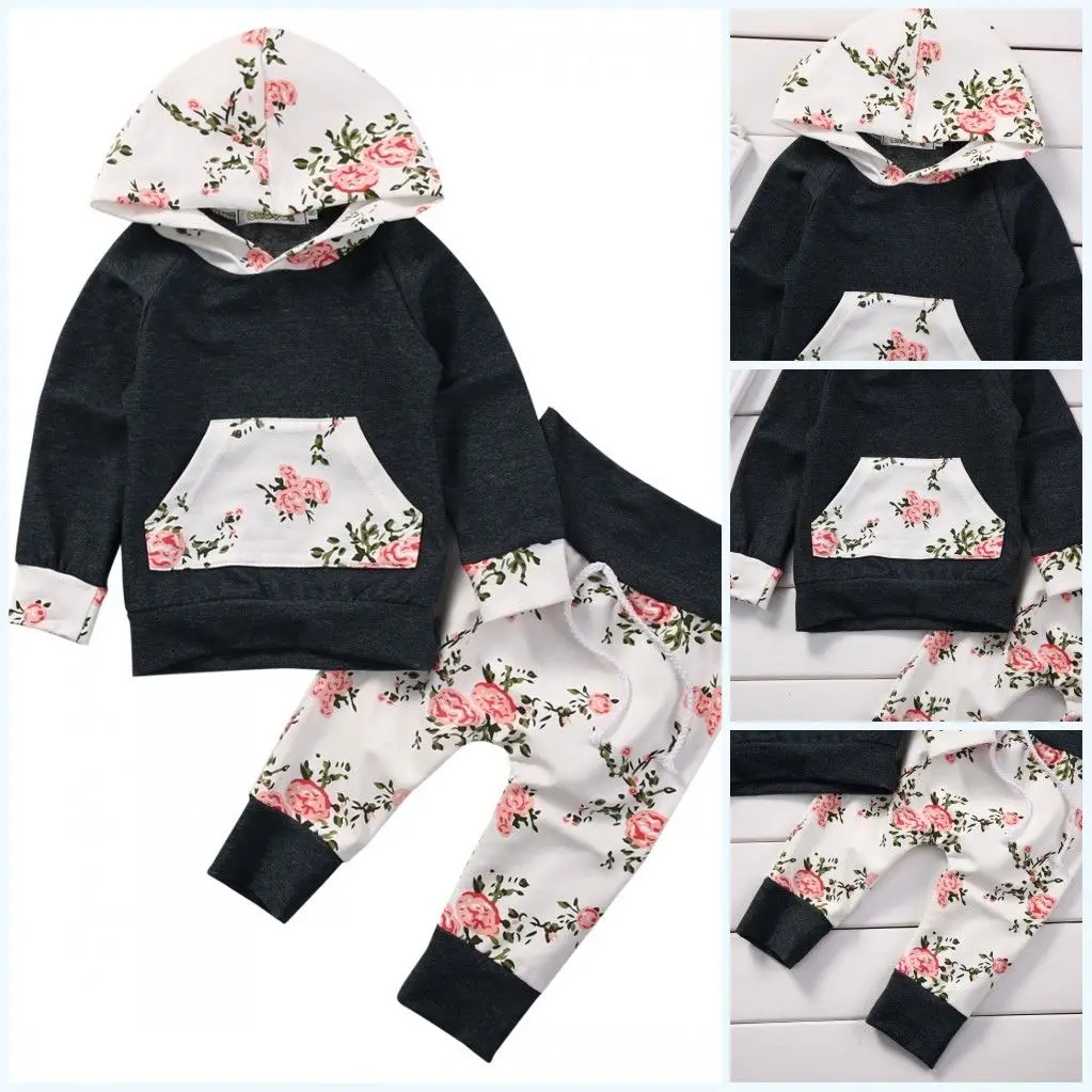  2Pcs Newborn Baby Boy Girl Sets Kids Hooded Tops+Long Pants Floral Outfit Clothes Baby Clothes Hood