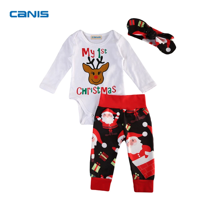 

3Pcs Newborn Baby Girls My 1st Christmas Long Sleeves Bodysuit Santa Claus Pattern Pants Headband Outfits Set Clothes