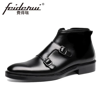 

Vintage Genuine Leather Men's Monk Straps Ankle Boots High Quality Round Toe High-Top Handmade Cowboy Man Shoes YMX396