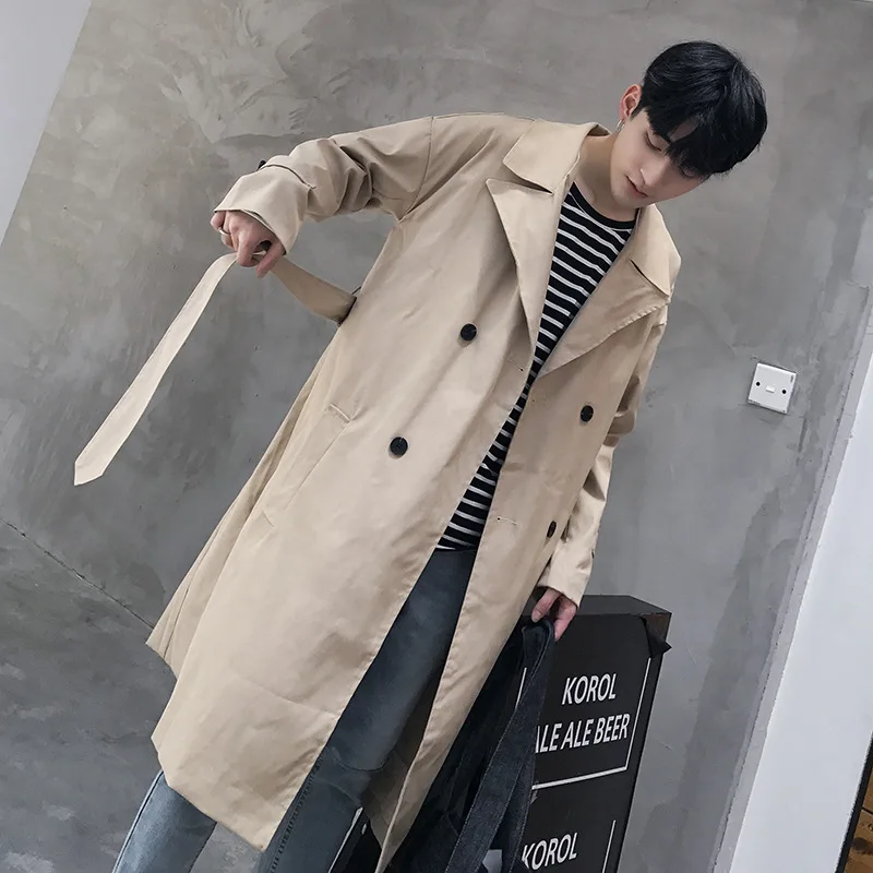 

khaki trench coat men Double Breasted long coat korean trench coat fashion mens overcoat plus long green casual male long jacket