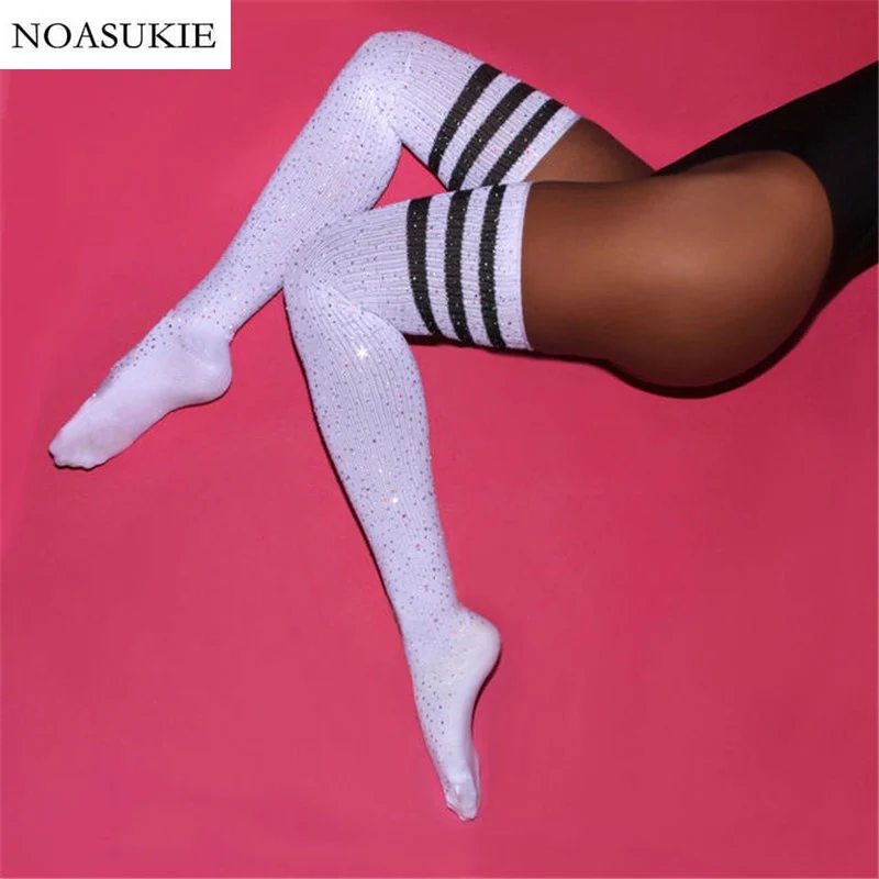 

7 Colors Women Striped Shiny Knee Garter Zircon Sexy Thigh High Socks Shiny Socks Overknee Socks European Style
