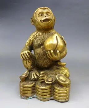 

China brass copper carved Feng Shui yuan bao Peach monkey Sculpture Statue