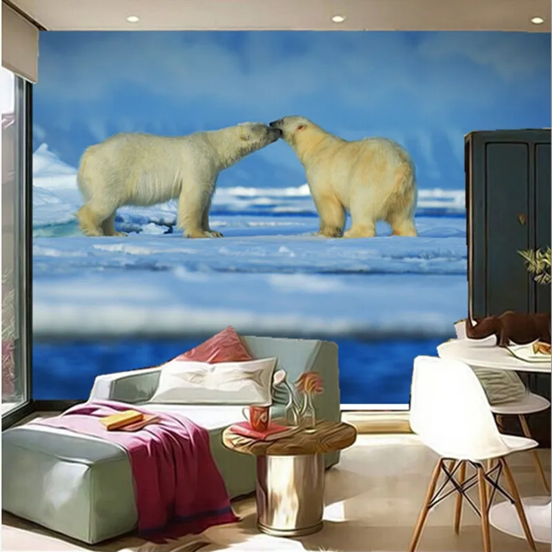 Пользовательский 3d панно, 3d два Polar Bears участвуют Papel де Parede, cafe стены гостиной диван ТВ стены спальни бумаги