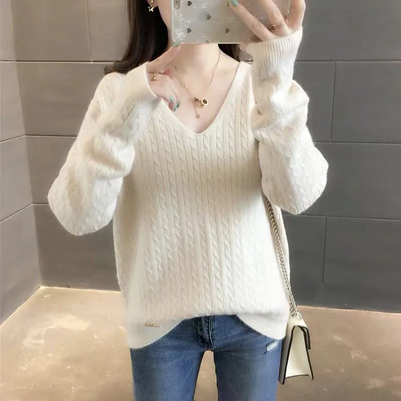 

Women Fall Knitted Twisted Pullovers Women V-Neck Casual Long Sleeve Ladies Knitting Cross Sweater Striped Pull Jumper Female