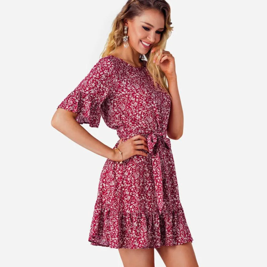 Best selling Women Lady Summer dress Fashion Girls Flower Printing Bow