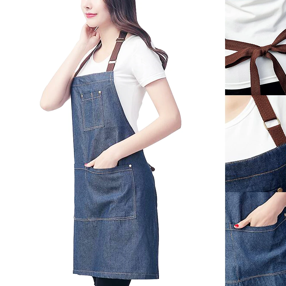 Kitchen Apron Unisex Denim Aprons Adjustable Men Women Apron With Pocket Chefs Cooking Baking Avental Home Cleaner Tool 3