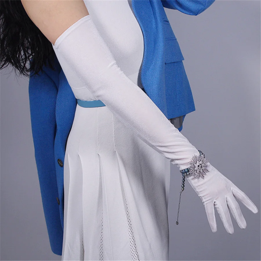 

Velvet Long Gloves 60cm Long Pure White Female Models High Elastic Velvet Gold Velvet Touch Screen SRBS60