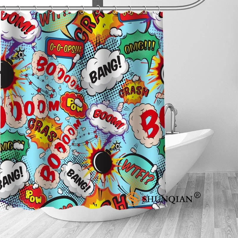 

High Quality Custom comic pop art Shower Curtain Polyester Fabric Bath Curtain Hooks Mildew Resistant 1PC Custom