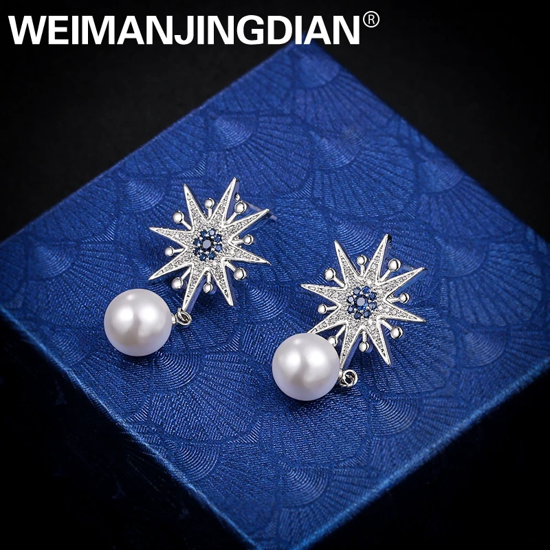 WEIMANJINGDIAN New Arrival Starburst and Simulated Pearl Cubic Zirconia CZ Crystal Dangle Drop Earrings for Women