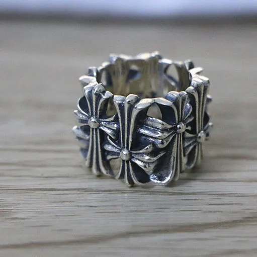 

S925 Sterling Silver Tapping Fashion Male Domineering Retro Thai Silver Ring Wide Surface Vintage Square Cross Ring