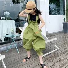 Girls baby black vest+ green jumpsuits 2 pcs sets summer new loose Bloom pants for children clothes overalls suits ws855