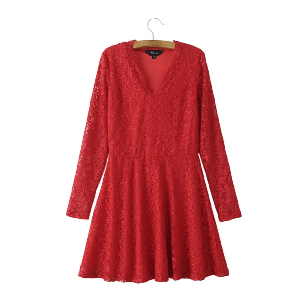 

Women sexy V-neck pleated sweet lace dress long sleeve Vestidos femininos European fashion casual wear dresses QZ2287