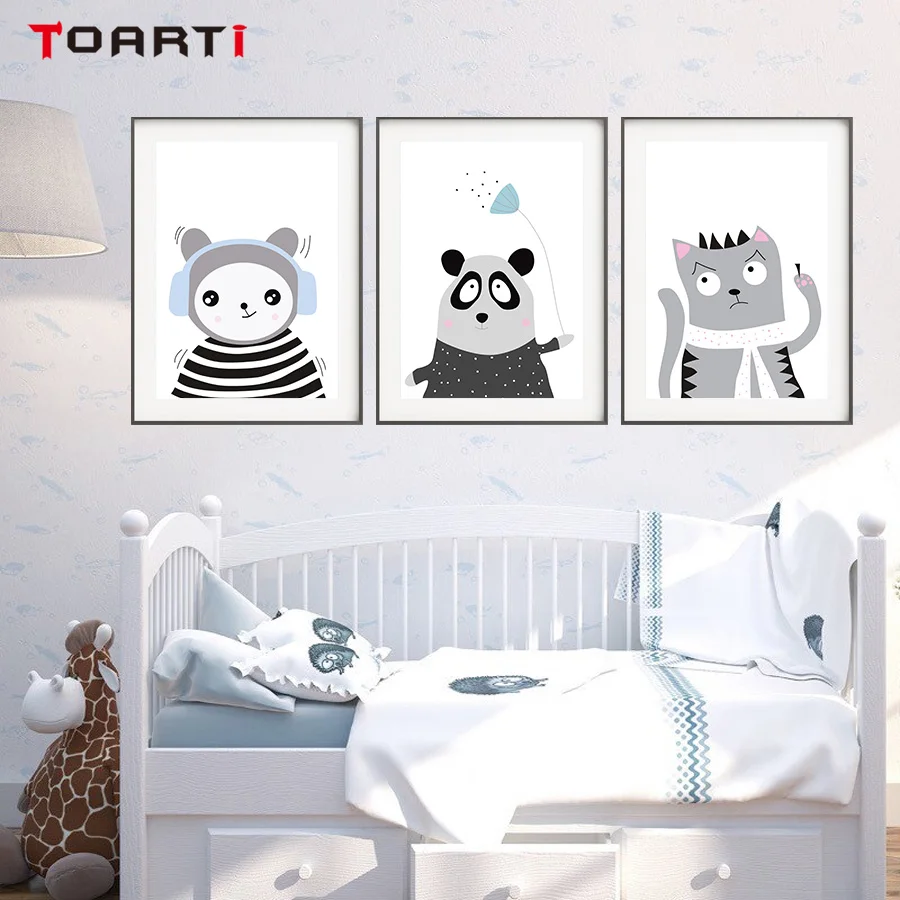 Cute Cartoon Animals Wall Art Grayness Style Modern Canvas Painting Nursery Pictures Vintage Posters&Prints Kids Room Home Decor (4)
