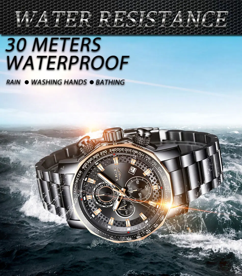 LIGE для мужчин часы лучший бренд класса люкс Большой циферблат кварцевые наручные часы мужские мода хронограф спортивные