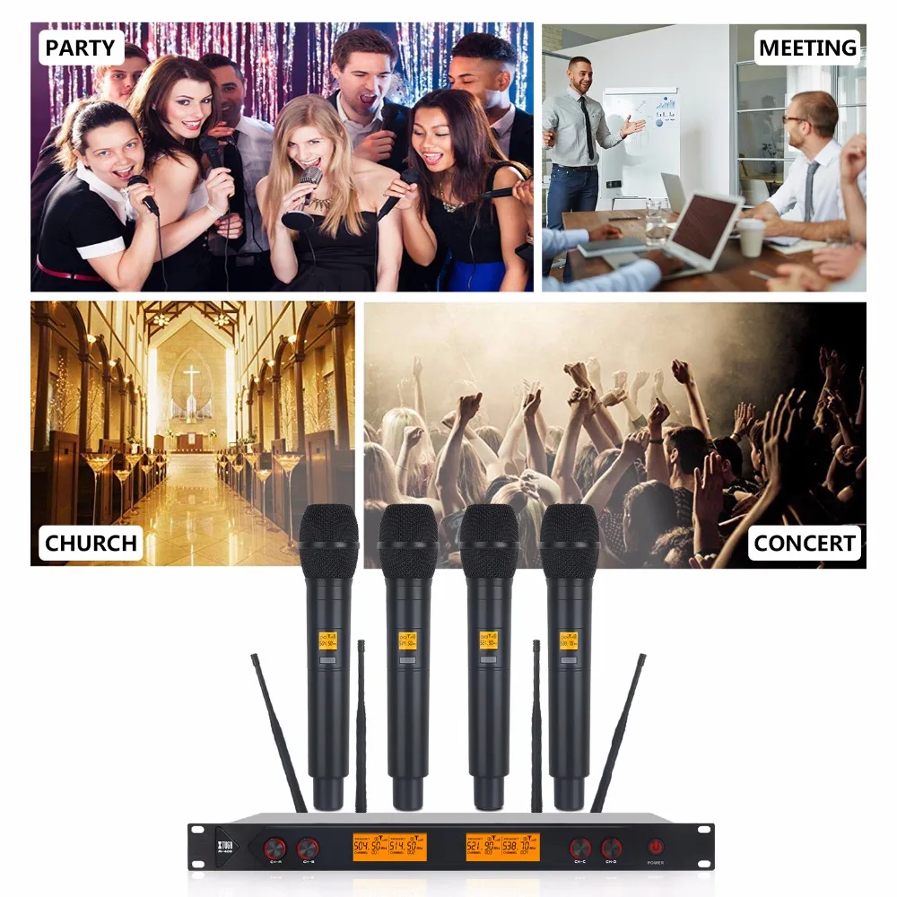 XTUGA A-400 Metal Material 4-Channel UHF Wireless Microphone System with 4 Hand-held for Stage Church Family Party Small Karaoke