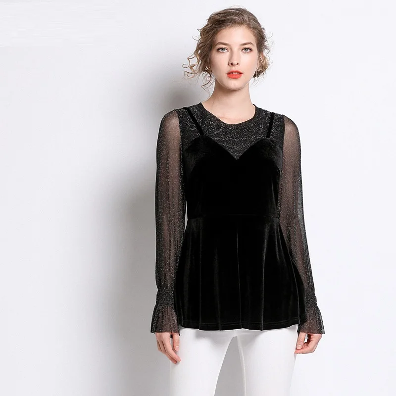 Buy 2019Spring casual blouse Women mesh flare sleeves