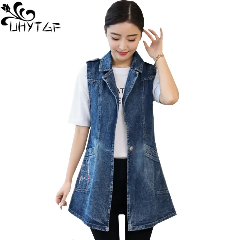 

UHYTGFNew Vest Female large size Denim Vest Women Spring Summer Embroidery Waistcoat Women Long Coat Ladies Kamizelka Damska 543