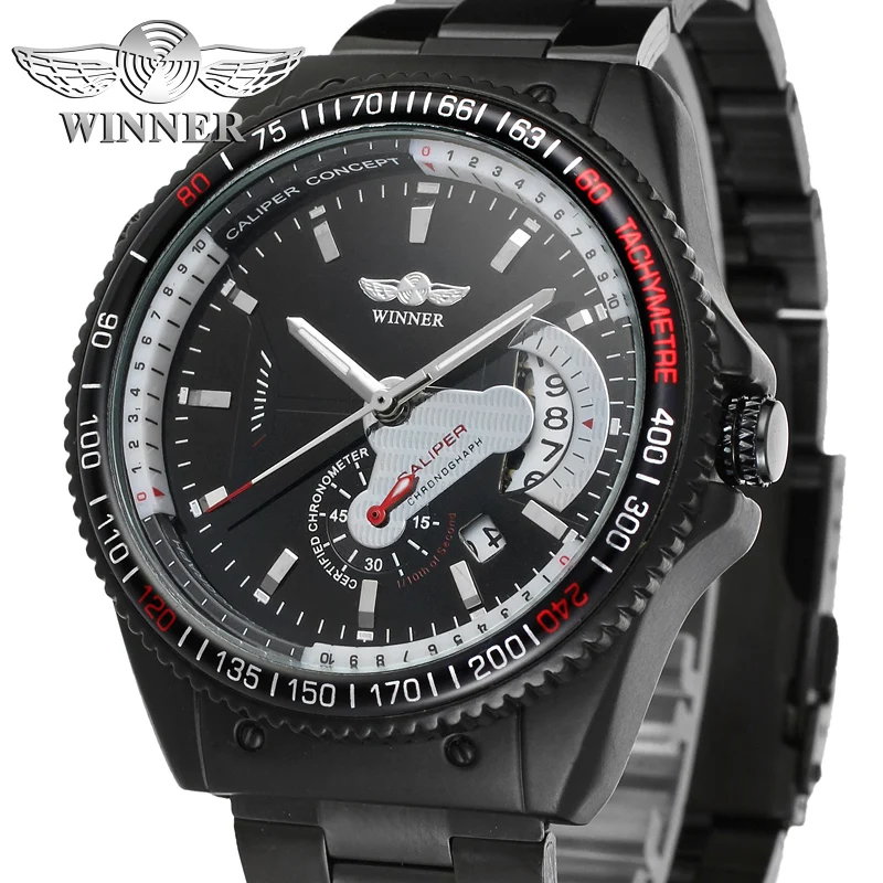 

WINNER watch Digital inside and outside rotatable dial fashion belt calendar men's manual mechanical steel wrist watch