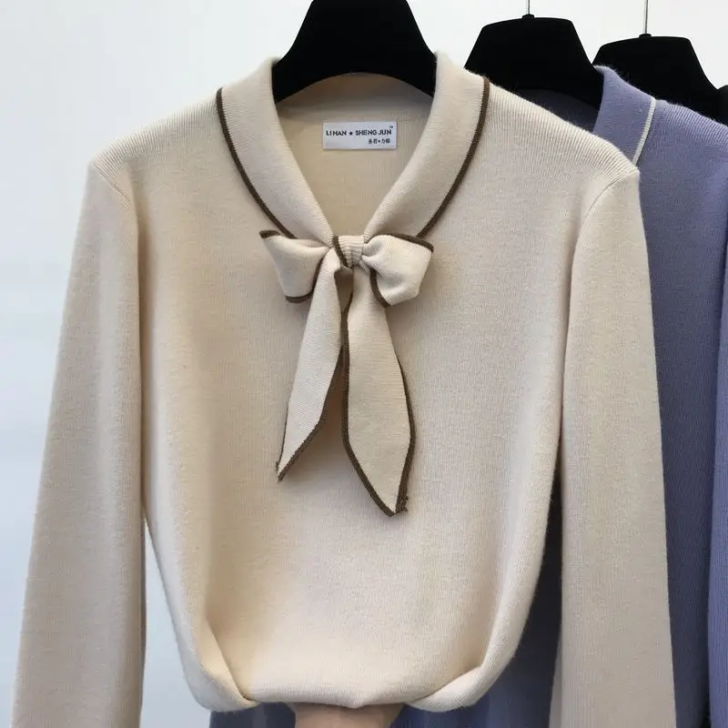 Spring Bow collar Sweater Women long sleeve knit Pulloversin Pullovers