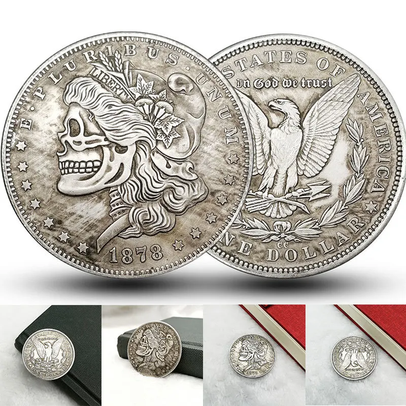 

US Dollar 1878 Morgan Skeleton Skull Commemorative Coin Zombie 1881 Morgan Double Gun Hand Carved Copy Coins Decoration Crafts