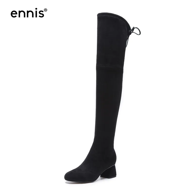 ENNIS/ г. Ботфорты на не сужающемся книзу высоком массивном каблуке женские сапоги до колена на шнуровке Обувь из замши и флока Kahki/черные женские зимние сапоги L816 - Цвет: Black