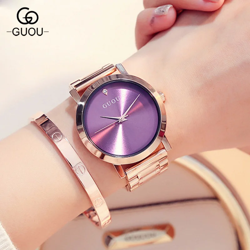  Luxury GUOU Janpanese Core Rose Gold Full Stainless Steel No Fade Analog Quartz Women Ladies Weddin