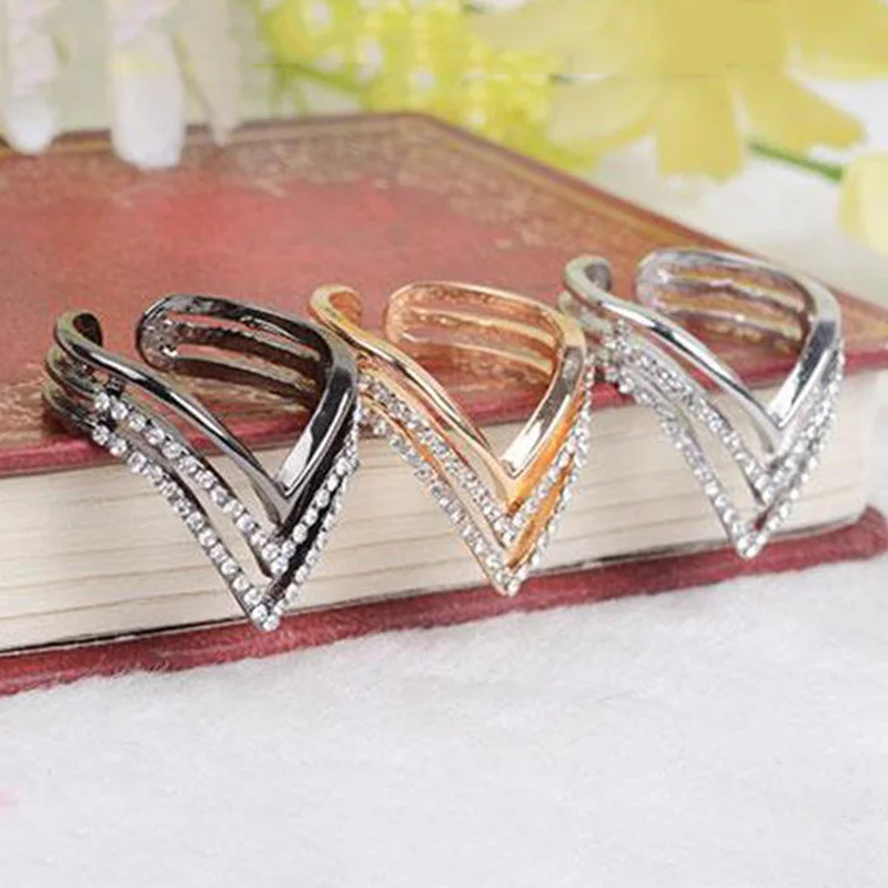 

Mossovy Korean Edition Zircon Micro-inclosed Personality Popular Trendy Letter V Adjustable Multilayer Rings Gift for Women