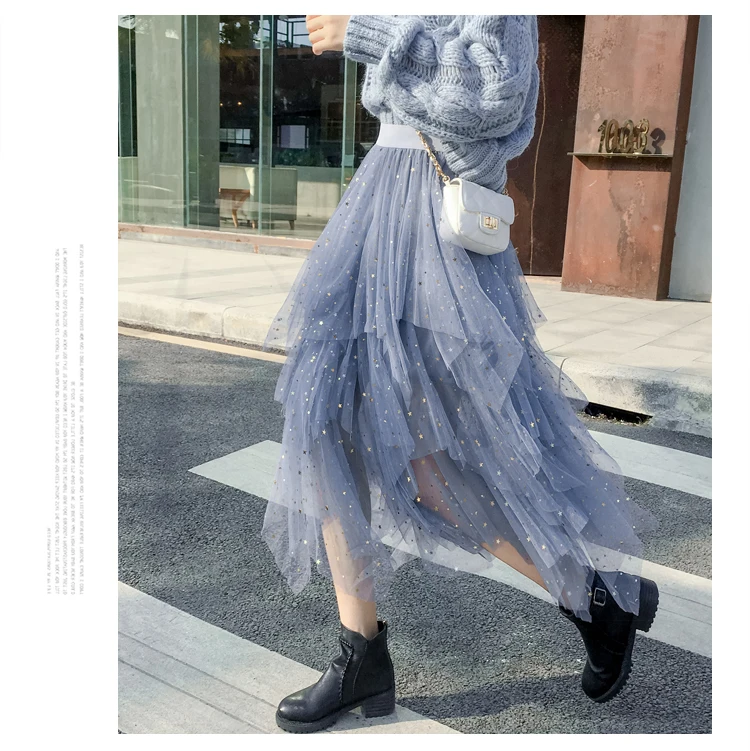 Women's Skirts Summer 2020 New Korean Stars Sequin Elegant High Waist A-line Pleated Elastic Belt School Spring Midi Skirt Femme