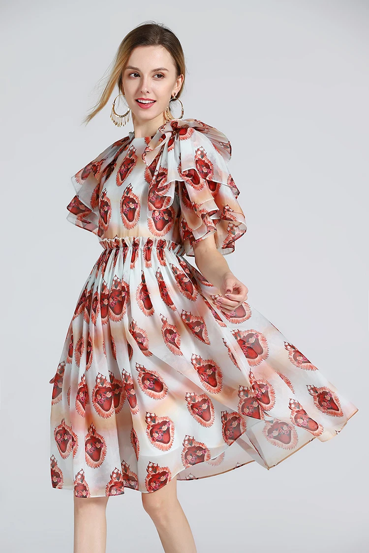 SEQINYY бальное платье Мода Лето High Street органзы с коротким Расклешенным рукавом оборками красные украшения Новое Платье До Колена