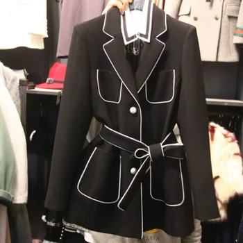 

Elegant Pearls Buttons Blazer OL Mini Woman Suit Pockets Jacket Cardigan Single-breasted Notched Collar Long Sleeve Tops