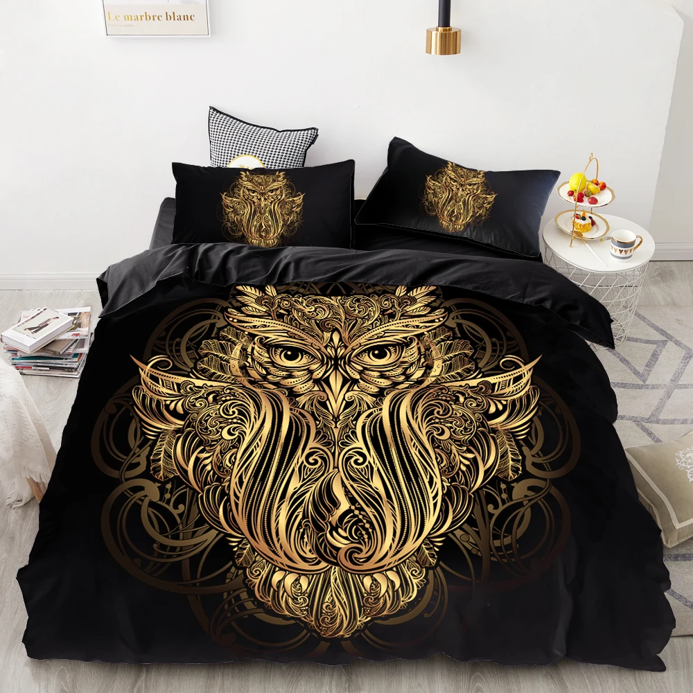 

3D HD Digital Printing Custom Bedding Set,Black Duvet Cover Set Queen Cal King,Bedclothes Gold owl Bed set Drop Shipping