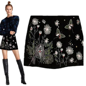 

Embroidered rivet velvet mini skirt A-line skirt