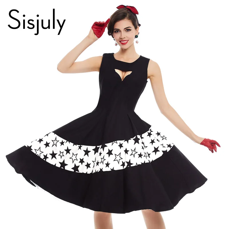 Sisjuly Vintage Dress 2017 Women Spring Black Patchwork Geometric Star Party Dress Summer Sexy Hollow