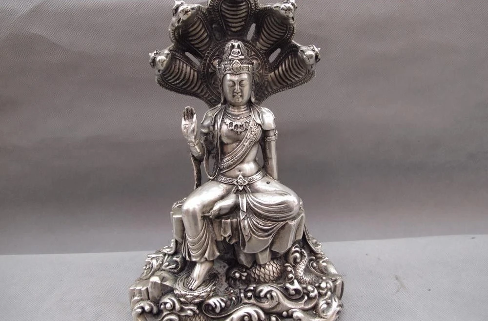 

11 Tibet Buddhim temp White Copper Silver 5-Heads Snake Naga Kanya buddha statue