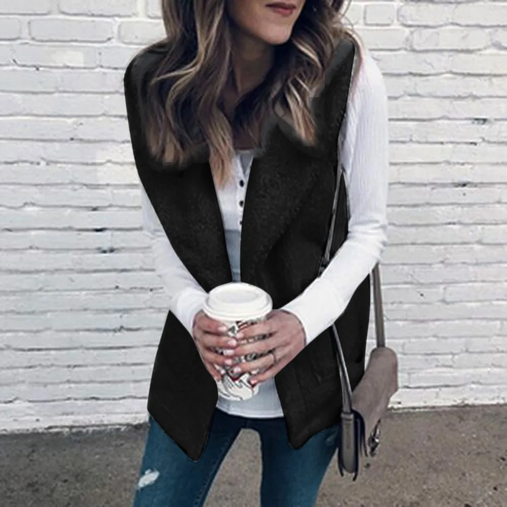 Vest Women Casual Sleeveless Solid Stand Warm Wool Pockets