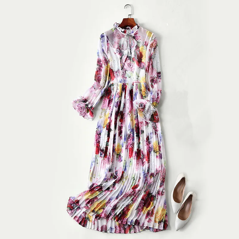 

High quality brand design stand collar pleated dress 2019 spring runways floral print long sleeves maxi dress Boho dress D940