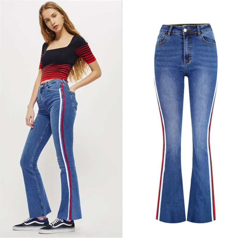 Новый 2018 higt талии джинсы Модная женская уличная обтягивающие штаны боковой полосой flare Штаны