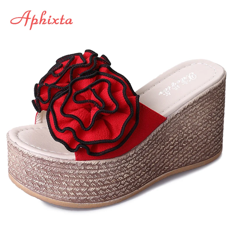 Ceny Aphixta 9cm platformy kapcie na platformie kobiet buty Clog Riband Rose kwiaty sandały dziewczyny Flip Flop slajdy Pantoufle Femme