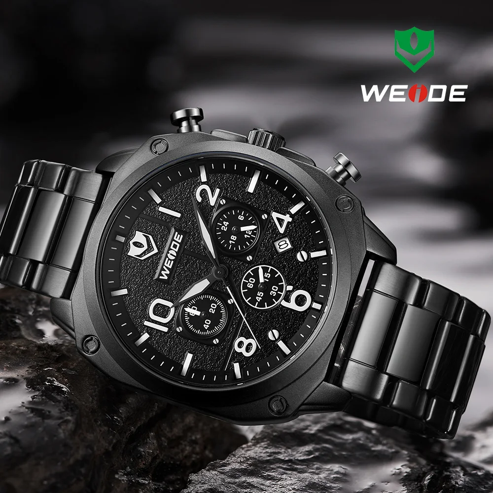 WEIDE оригинальные часы мужские черные все стальные хронограф кварцевые наручные