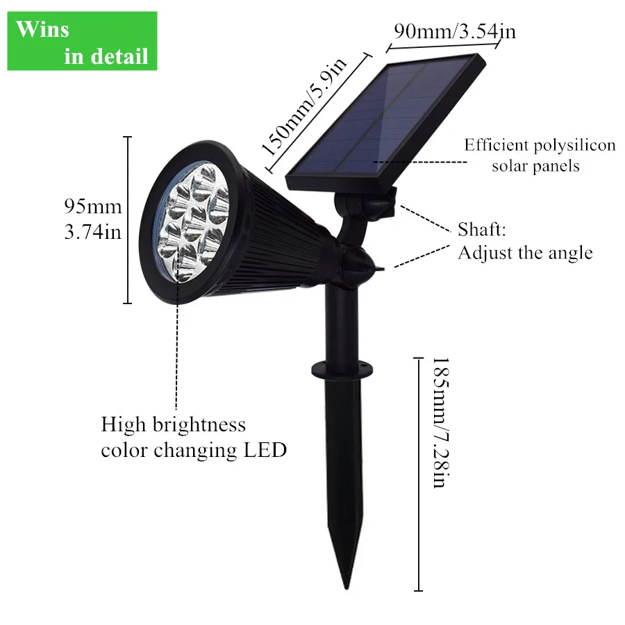 7 LED Solar Spotlight Auto Change 7 Color Waterproof Solar Powered Lamp Landscape Wall Light Outdoor Garden Decoration Lighting 