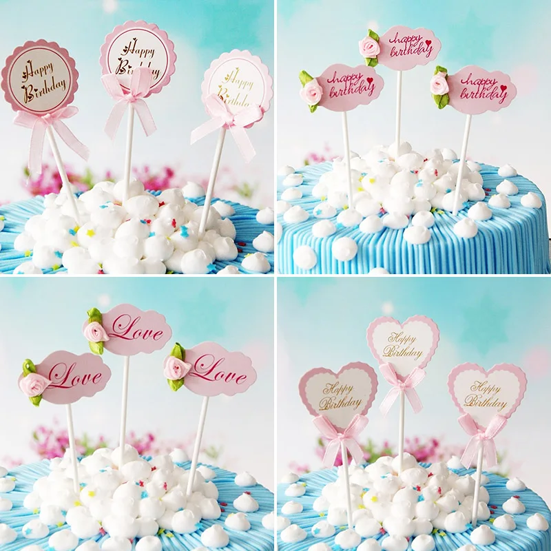

3pcs Pink Heart Happy Birthday Cake Topper Rose LOVE Paper Cupcake Topper Flag For Girls Birthday Wedding Party Cake Decorations