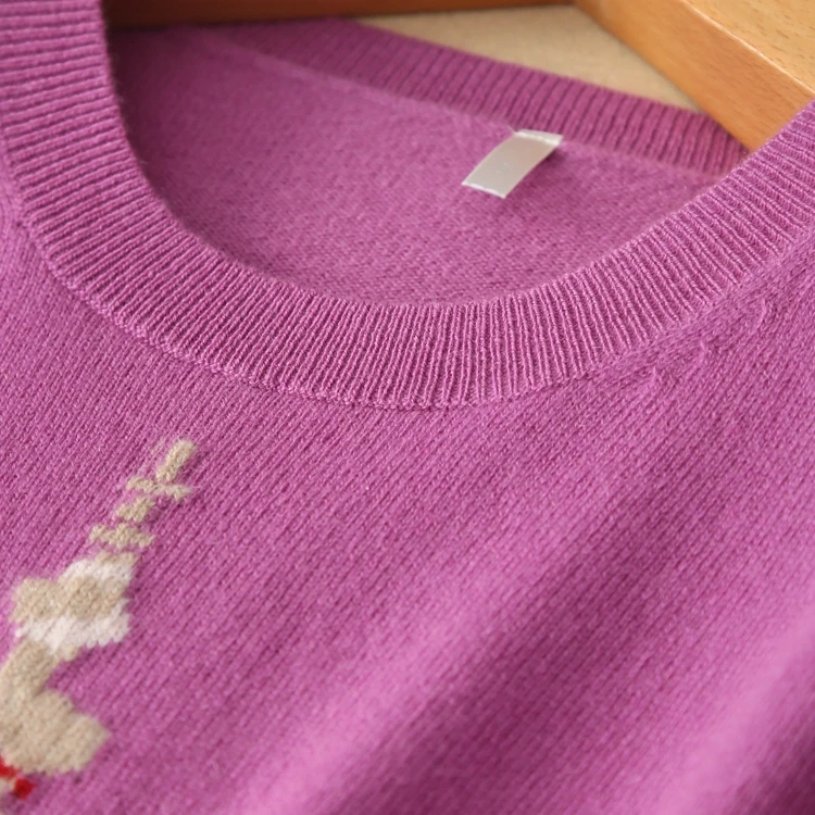 Демисезонный Трикотажные Вышивка кашемировые свитера пуловер Одежда с длинным рукавом кашемир фиолетовый o-образным вырезом Femme вязаный свитер