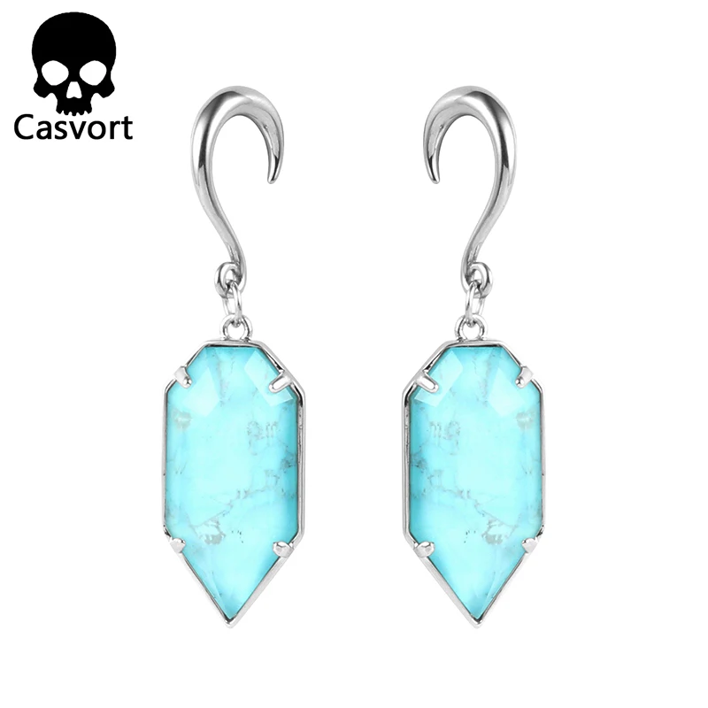 

Casvort Trendy Piercing Flesh Tunnels Palmer Teal Howlite Semi-precious Stone Dangle Earring Plugs Body Jewelry