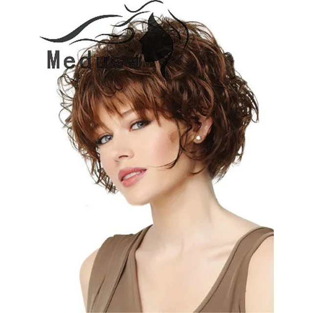 Medusa Hair Products Natural Curly Styles Short Bob Wigs With Medusa Hair Products Natural Curly Styles Short Bob Wigs With Bangs Synthetic Brown Wig