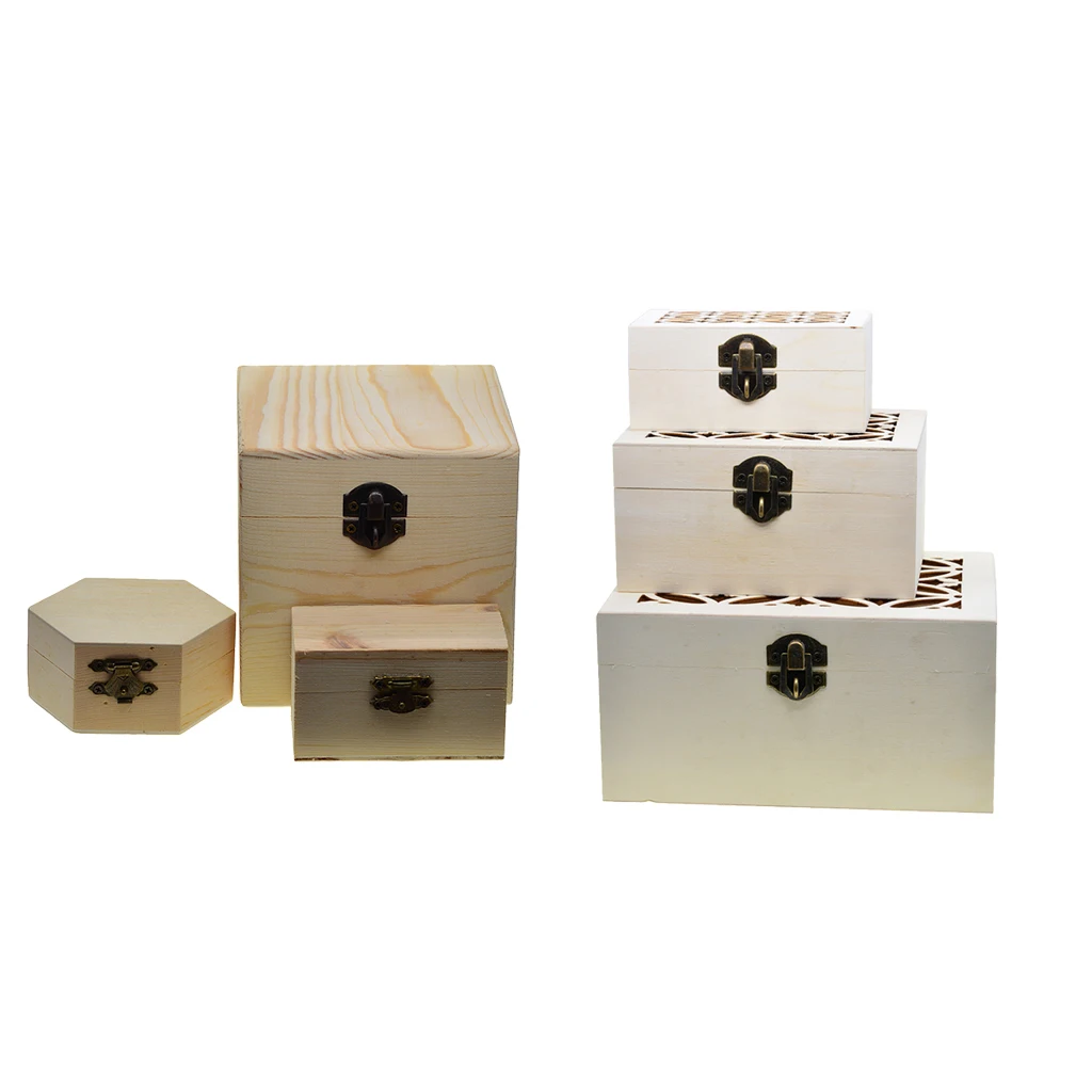 6pcs Natural Unfinished Wood Wooden Jewelry Gift Box Storage Case Organizer for DIY Painting Craft with Lid and Lock