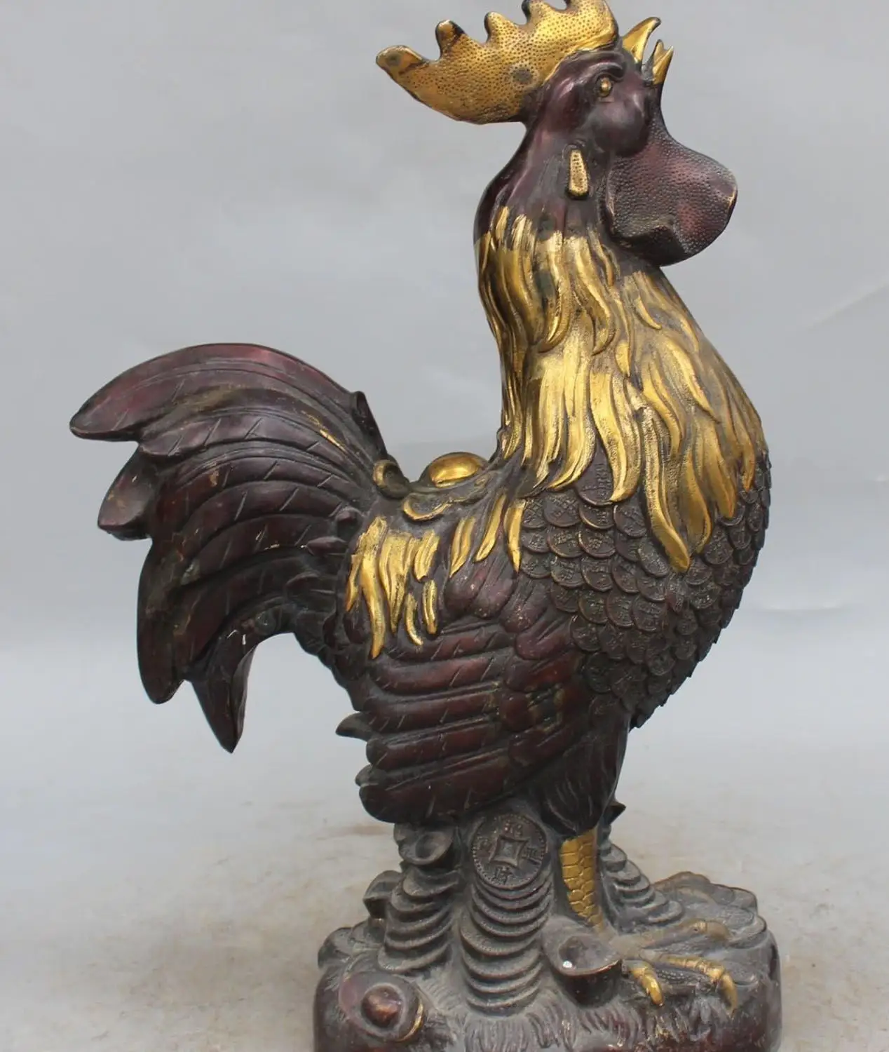 

17" Chinese Bronze Gilt Wealth Yuanbao Money Chicken Rooster Cock Animal Statue