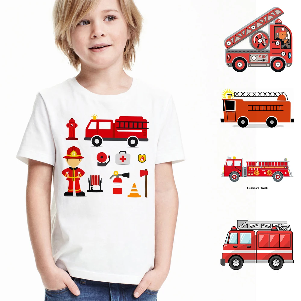 

2019 New Summer Baby Boys Girls Fireman Clothes Short Sleeve O-neck T Shirt Pure Cotton Fire Truck T-shirt Brand Tee Tops Unisex