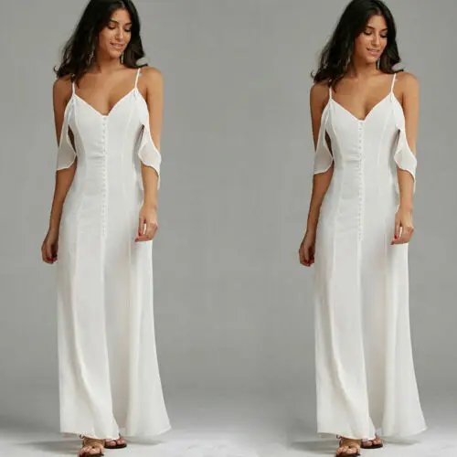 

Women Sexy Summer Sweet Fairy Pretty Solid Ruffles Solid White Boho Dress Long Casual Sling Maxi Dress