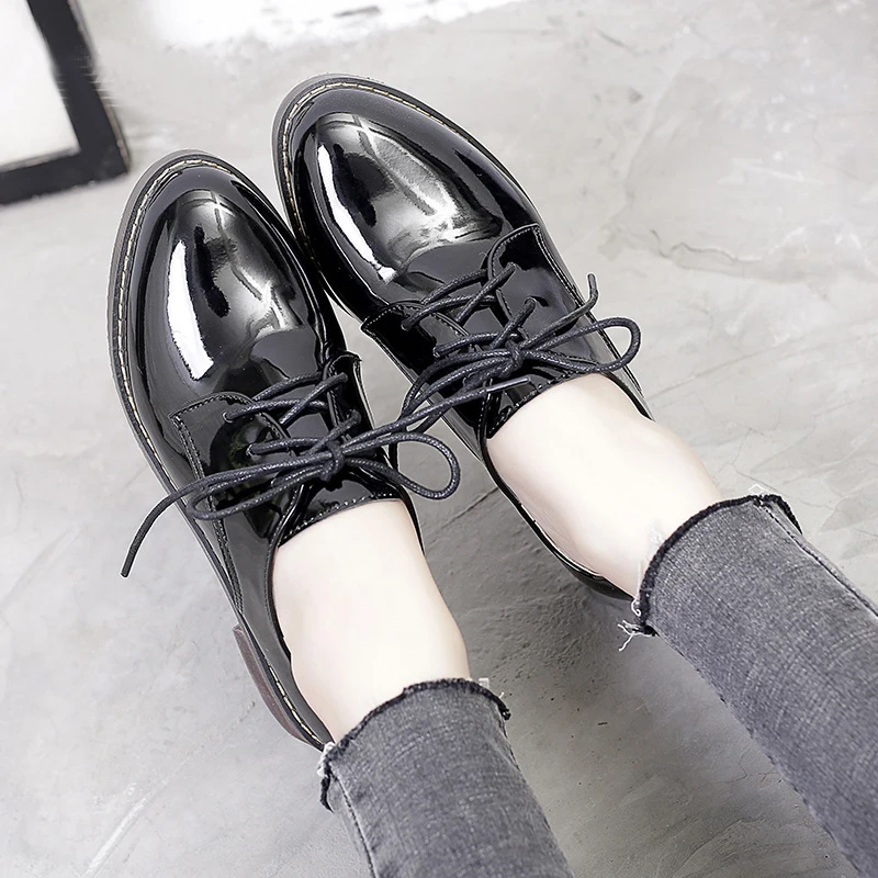 

British style cross-tied leather shoes women concise design patent leather oxfords office lady dress shoes lace up derby flats