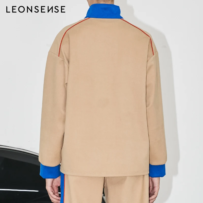LEONSENSE High collar Zip Front Cut Embroidery letters men's Sweatshirt Athleisure Stand Collar Raglan Sleeve winter Pullovers